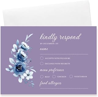Glossy Finish Personalized Wedding RSVP Response Cards with White Envelopes, Blue Floral Design, 15 Count Respond Cards in Glossy Finish (Purple)