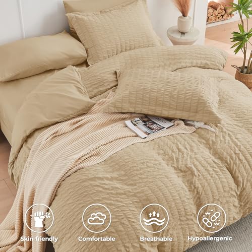 Image of HYMOKEGE Khaki Oversized King Comforter Set Seersucker 7 Pieces, All Season Luxury Bed in a Bag for Bedroom, Bedding Set with Comforter, Sheets, Pillowcases & Shams