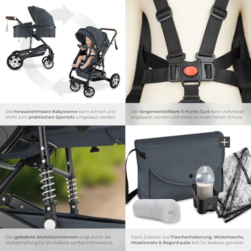 tectake® 2 in 1 Kinderwagen, klappbarer Kinderwagen Buggy mit Liegefunktion, mit Fußsack Buggy, Buggy mit Getränkehalter, herausnehmbarer Babywanne und Regenschutz - anthrazit