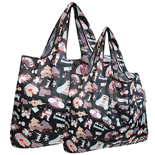 allydrew Large & Small Foldable Tote Nylon Reusable Grocery Bags, Set of 2, Black Dogs