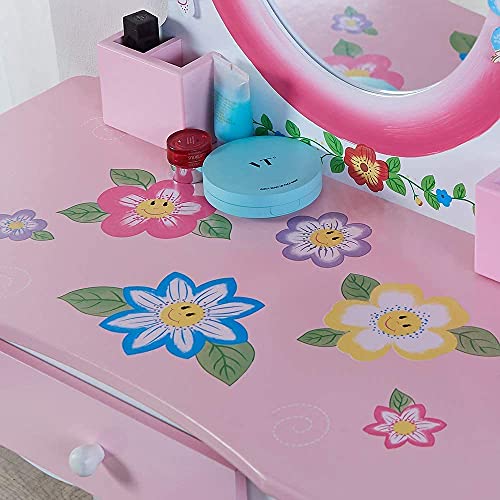 Kids' Vanity Set With Mirror Children Dressing Table And Stool Set For Little Girls Makeup Vanities Child Bedroom Wooden Furniture (Pink) #TOP5