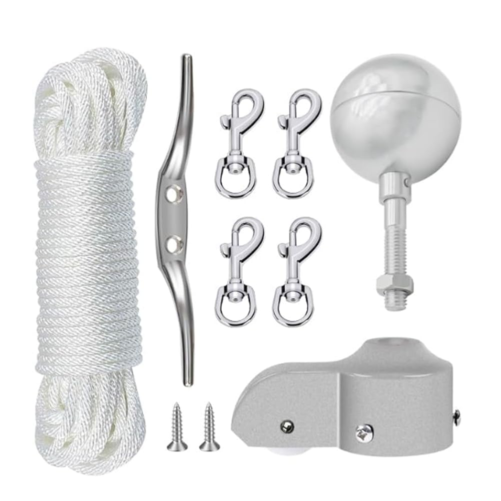 UDSKNV[KSL Flag Pole Ball Topper Halyard Rope, Cleat Hook& Flag Swivel Snap Clips-Repair Kit Hardware Parts Silver