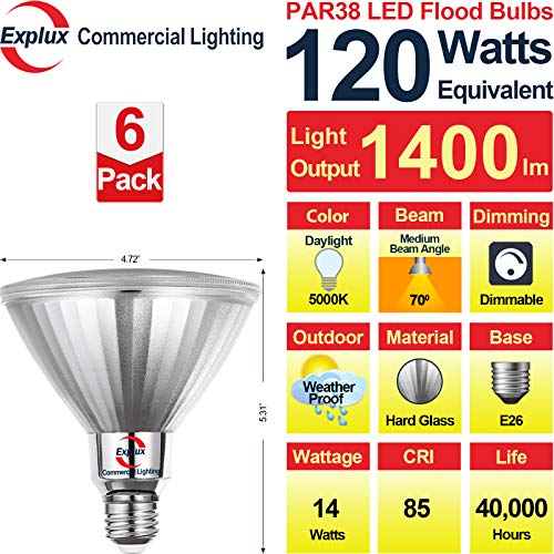Explux 120W Equivalent Classic Full Glass LED PAR38 Flood Light Bulbs, 1400 Lumens, 5000K 6-Pack, Dimmable, Outdoor Weatherproof, Daylight