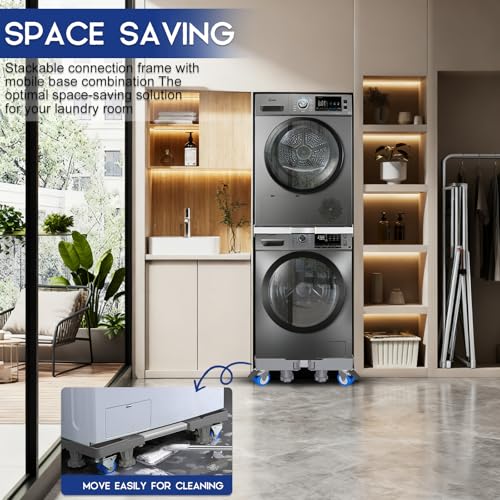 Waschmaschine Trockner Zwischenbaurahmen 46–72 cm + Waschmaschinenuntergestell 43–60 cm mit Rollen, 8 Standfüße, 4 Doppelbremsrollen, Anti-Vibration, inkl. 6 m Ratschengurt – Stapelset platzsparend