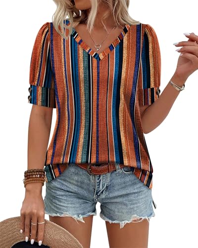 Image of OFEEFAN Womens Tops Short Sleeve Shirts Buttons V Neck Spring Fashion Summer Outfits Plus Size Blouses Dressy Casual