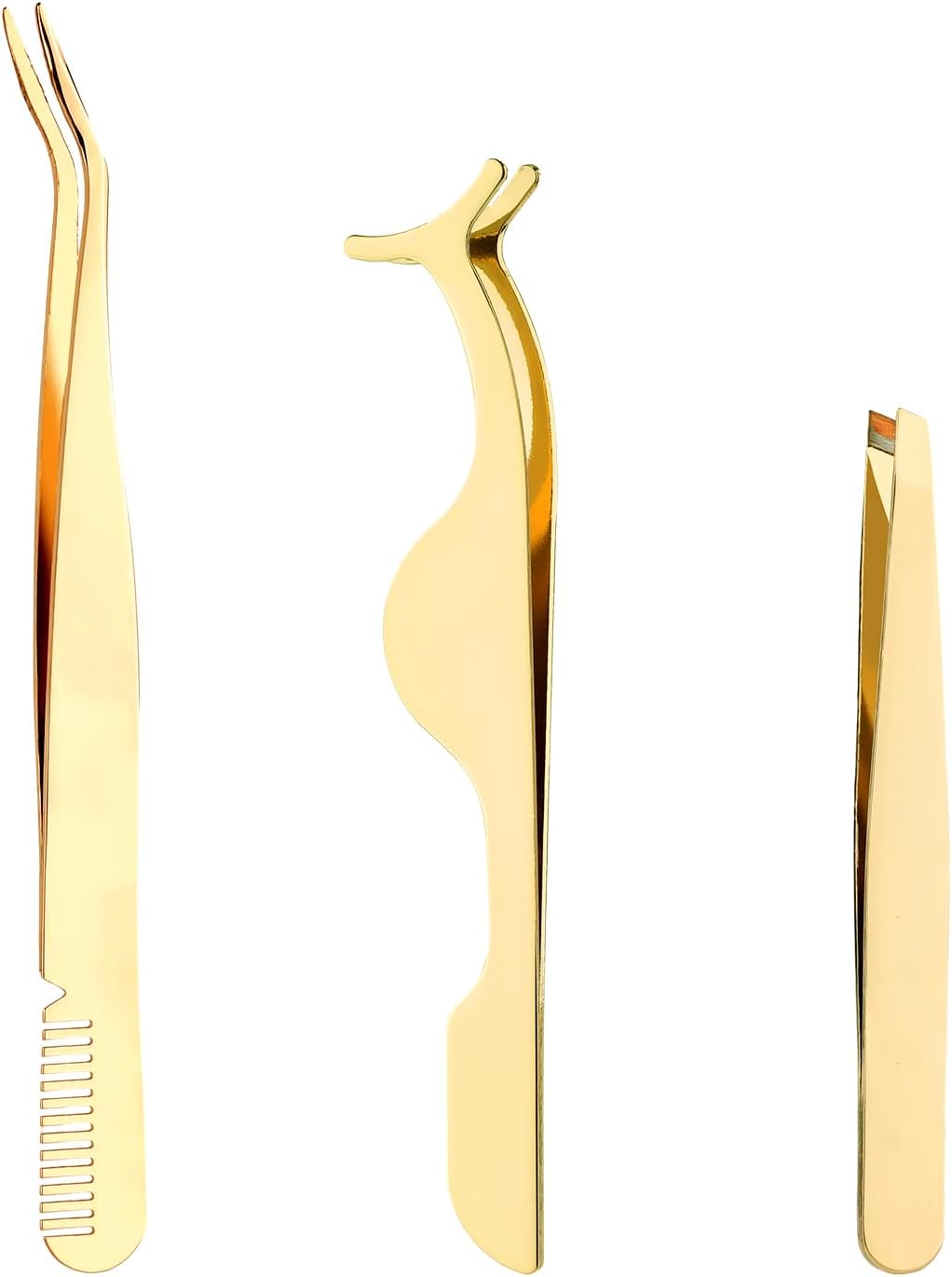 3pcs Eyelash Tweezers, 3 Styles Stainless Steel Eyebrow Tweezers to Apply Eyelash Extension Tweezers Multifunctional Lash Applicator Tool Tweezers for False Lashes Makeup(Gold)