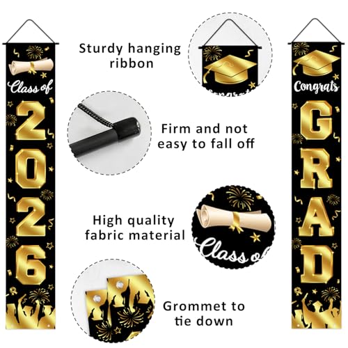 Image of Graduation Decorations 2026 Porch Banner, Graduation Banner Class of 2026, Black and Gold Congrats Grad Decorations for Door and Porch Party Supplies