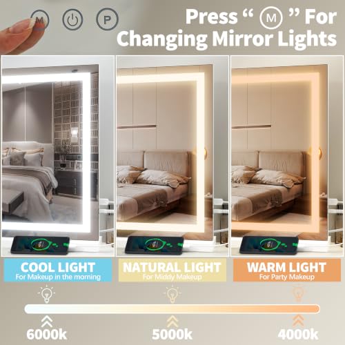 Image of FENNIO 23 inch x 18 inch Vanity Mirror with Lights,LED Makeup Mirror,Hollywood Mirror with 3 Color Modes & Adjustable Brightness,Vanity Mirror Square White