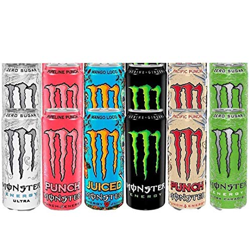 Monster Energy Mega - Paquete mixto de 12 unidades + calcomanías gratis, Ultra, Ultra Paradise, Pipeline Punch, Mango Loco, Monster Pacific Punch