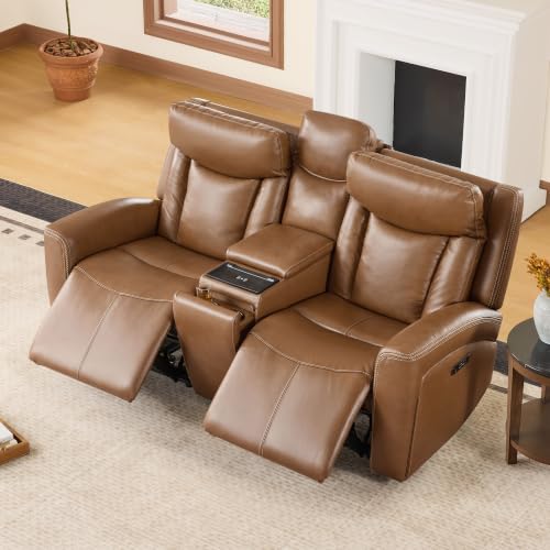 Image of CHITA Zero Gravity Leather Reclining Sofa, Loveseat with Console, Saddle