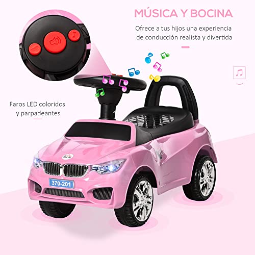 HOMCOM Coche Correpasillos para Niños de 18-36 Meses con Faros Música Bocina Volante Espacio de Almacenaje y Asa para Empujar 63,5x28x36 cm Rosa