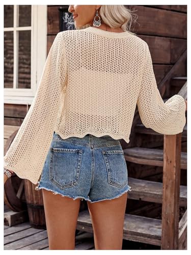 Verdusa Women's Floral Embroidered Crop Cardigans Flare Sleeve Button Front Lightweight Sweaters Spring Fall Outfits2