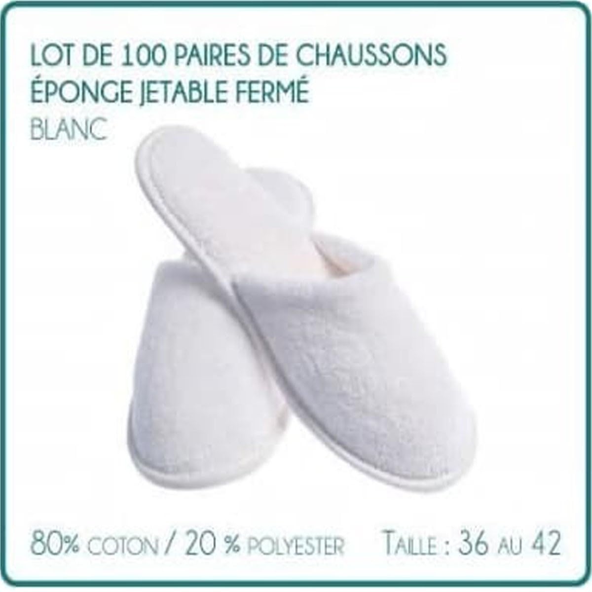 Lot de 100 Paires de Chaussons fermés Pantoufle éponge jetables Blancs pour Thalasso, hôtel, Spa, Piscine