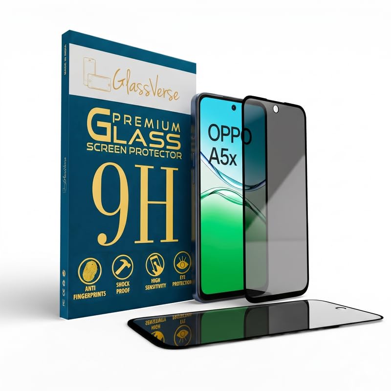 Image of GlassVerse Privacy Tempered Glass for Oppo A5x 5G | Anti Spy Screen Protector, 9H Hardness, Edge to Edge, Case Friendly, Hassle-less Installation Kit Included. (Pack of 1)