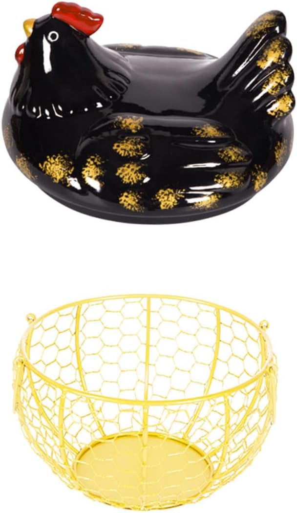 Rustic Metal Egg Storage Basket with Lid, Black and Gold Iron Wire Egg Holder for Kitchen Countertop and Home Desktop Organization