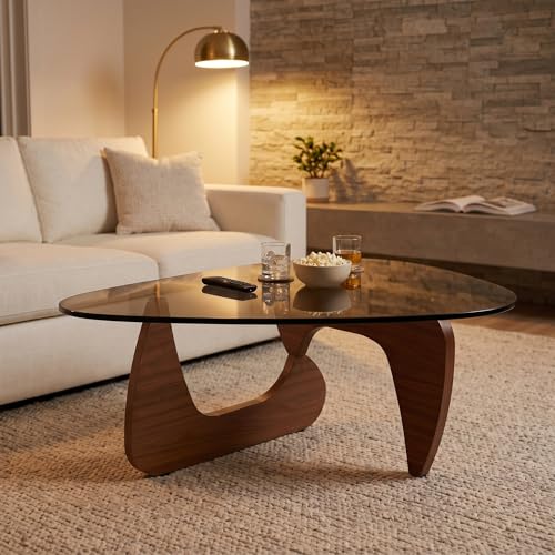 Image of 35.8 inch Glass Coffee Table, Modern Coffee Tables for Living Room, Organic Round Coffee Table with Smoked Tempered Glass Top and Walnut Finish Wood Base, Small Center Table, Mesa de Centro para Sala