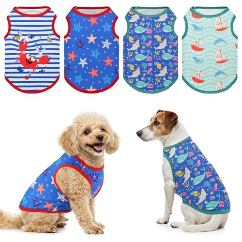 LyssKMK 4-Pack Dog Ocean Style Shirts Puppy Summer Tank Tops Cute Ocean Animals Sailboat Pattern Outfits for for Small Dogs Boy Girl Dog Cooling Clothes for Small Medium Dogs M