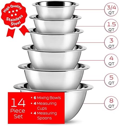 JOYTABLE 14 Piece Mixing Bowls With Measuring Cups And Spoons Set - Premium Stainless Steel Mixing Bowls Set - Nesting & Stable Metal Mixing Bowls Great For Kitchen, Baking, Cooking, Or Prep - Thumbnail 2