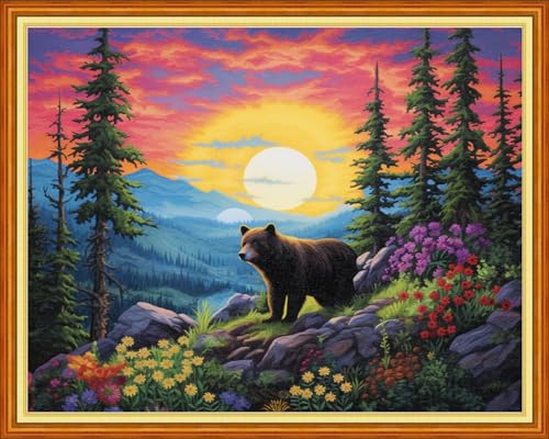 Image of DMCVIVR Stamped Cross Stitch Kits for Beginners Adults Needlepoint Kits for Beginners Embroidery Kits for Adults Crossstitch Kit for Beginners 11CT-Sunrise Bear 16x20 inchs