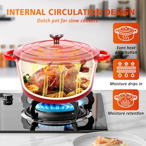 Hisencn Batterie de cuisine 5 pièces en fonte émaillée – Cocotte, casserole et poêle avec couvercles, sans PFOA, compatible avec l'induction, rouge rouge – Image 4