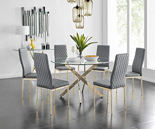 Elegante y moderno juego de mesa de comedor redonda de cristal con sillas Milan de 4/6 den, elegante elefante gris metal piel de comedor para comedores contemporáneos