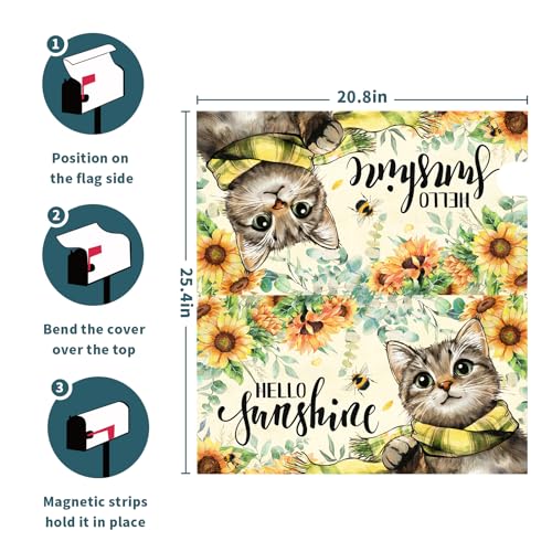 Image of Hello Sunshine Cat Magnetic Mailbox Cover for Garden Yard, Summer Sunflowers Bee Kitten Waterproof Mailbox Wrap Post Cover for Outdoor Outside Patio Decor, Large Size 25.5x21 Inch