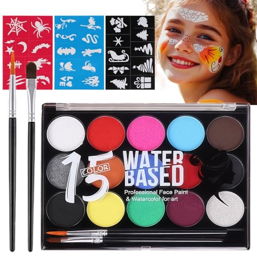 Palette de Maquillage Enfant 15 Couleurs, Peinture Visage Lavable avec 2 Pinceaux et 30 Pochoir, Kit Maquillage pour Halloween, Carnaval, Fête, Cosplay