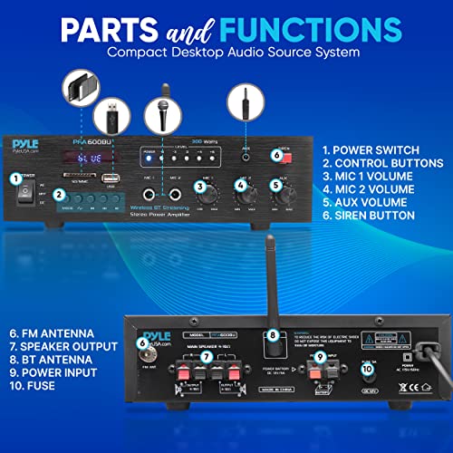 Pyle Wireless Bluetooth Karaoke Amplifier Home Car Bus Tours 300 Watts 2 Channel Digital Home Audio Pa Receiver System 2 Microphone Input Control, Fm Radio, Usb,12 Volt Power Option Pyle Pfa600Bu #TOP1