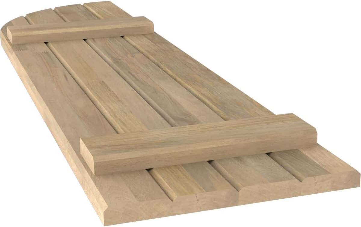 14"W x 62"H Americraft Four Board (2 Batten) Joined Exterior Real Wood Joined Board-n-Batten Shutters w/Arch Top (Per Pair), Unfinished
