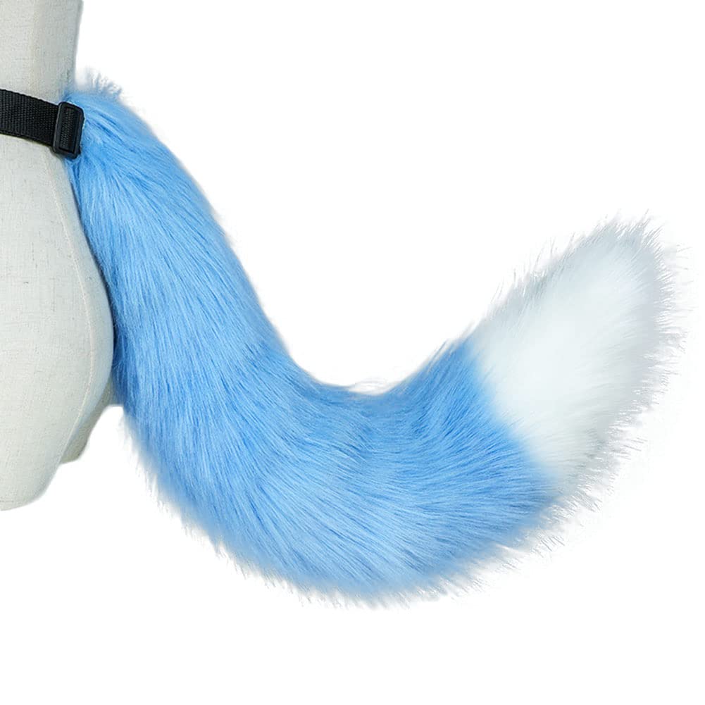 Camelliass Fluffy Faux Fur Fox Tail Fancy Dress Animal Tail Cosplay Anime Dress Up Party Costume Accessories (Blue & White)
