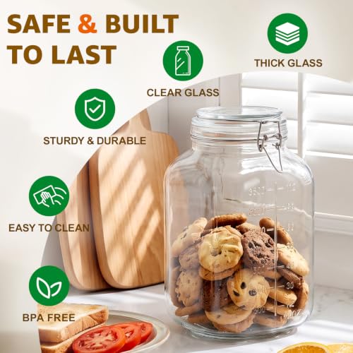 Image of Large Square Glass Jars with Airtight Lids 1.1 Gallon Wide Mouth | 2 Pack Square Canisters with Measurement Marks for Bulk Flour Storage, Flour, Sugar, Fermenting Kombucha & Pickling 128 oz