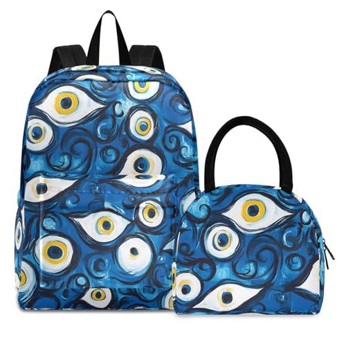 Backpack Lunch Bag Set Blue Evil Eye Print, Big Storage Travel Backpacks with Insulated Lunch Box for Office Hiking Picnic