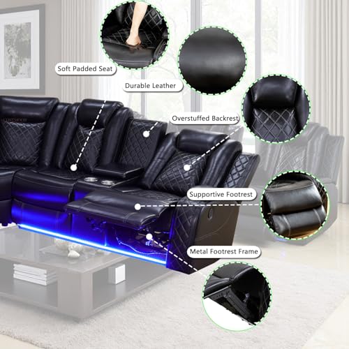 Image of Power Breathing Leather Reclining Sofa, Power Recliner Sectional Sofa with Reading lamp /LED Light, Sectional Reclining Loveseat Couch with Hide-Away Storage for Living Room