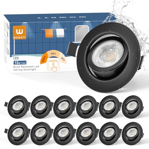 wowatt Lot de 12 Spot LED Encastrable Noir Dimmable, Spot LED Orientable 5.5W 600LM Blanc Chaud 2800K, Éclairage Encastré 68mm, spots de Plafond Extra Plat,...