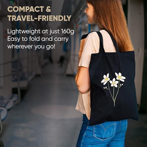 Image of STRUTT Foldable Canvas Tote Bag for Women,Tote Bag for College Girls, 100% Organic Cotton Reusable Shopping Bag for Grocery, Eco-Friendly Multi-Purpose Bag for Travel & Daily Use - White Daisy