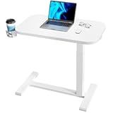 HUANUO Bedside Table with Wheels, Height-Adjustable Rolling Computer Cart, Overbed Table with Cup Holder, Pneumatic Laptop Standing Desk for Home Office, White (31.5" x 17.7")