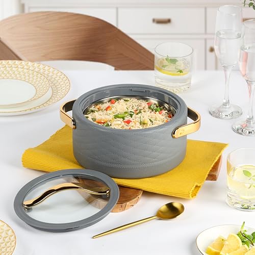 Image of CELLO Velvetto Deluxe 2000 Insulated Casserole Hot Box for Kitchen 2000 ml, Grey | Airtight See Through Lid Hot Pot Case Keeps Food Hot & Warm for Long Hours, Casserole Set for Roti, Rice & Biryani
