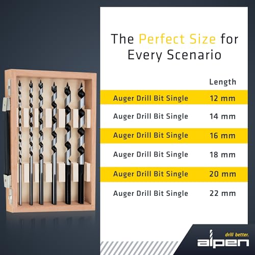 ALPEN 6-Piece Auger Wood Drill Bit Set – Extra-Long Chrome Vanadium Bit, Self-Feeding Tip & Hex Shank for Deep, Clean Holes in Timber & Beams – Austrian Engineering by ALPEN - Image 5