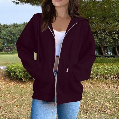 OIOLOYJM Zipper Hoodies for Women Long Sleeve Oversized Sweatshirts Y2k Drawstring Soft Jacket 2025 Fall Fashion with Pockets