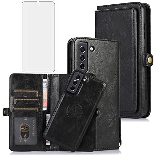 Asuwish Phone Case for Samsung Galaxy S21 Glaxay S 21 5G 6.2 inch Wallet Detachable Cover with Tempered Glass Screen Protector and Flip Credit Card Holder Cell Accessories Gaxaly 21S G5 Women Brown