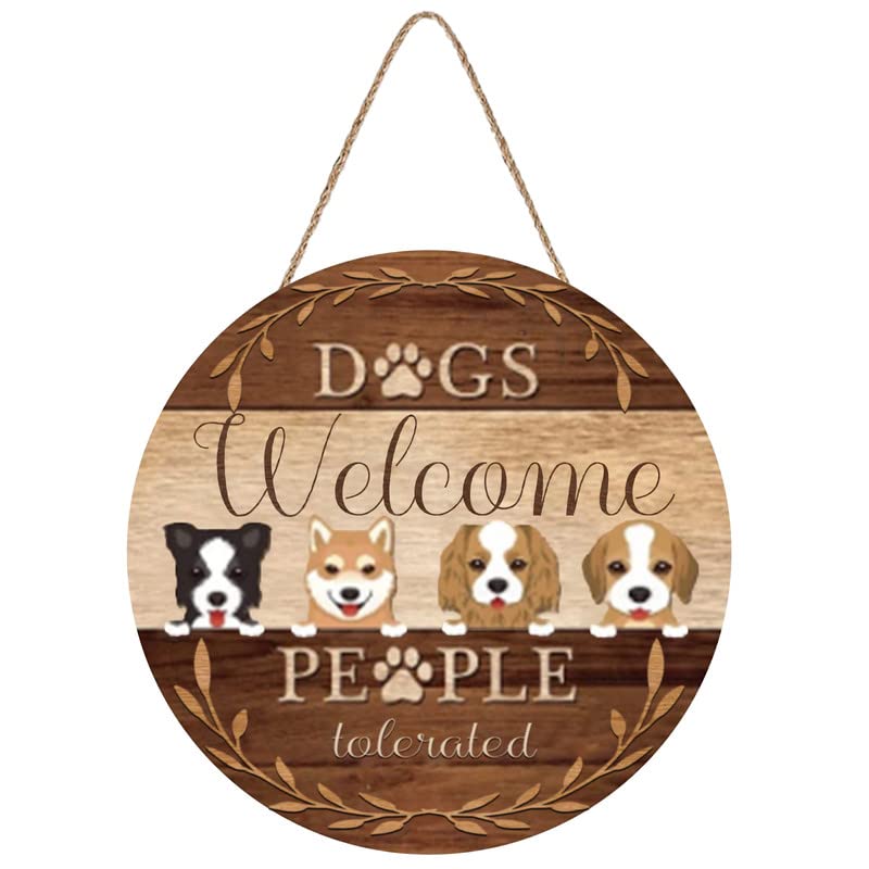 Cute Welcome Front Door Dog Pet Sign, Farmhouse Adorable Cartoon Dog Door Decoration, Funny Dogs Welcome People Tolerated Sign Hanging for Dog Lover Owner Housewarming Gift