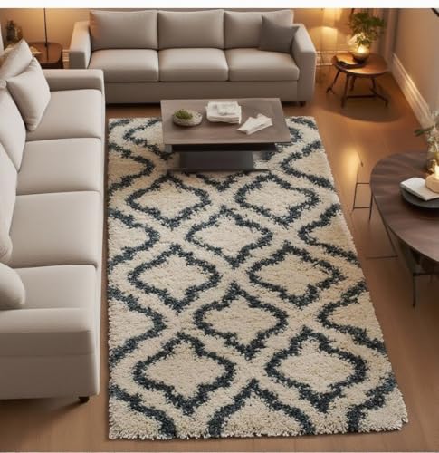 Image of Carpet for Hallway, Kitchen, and Modern InteriorsCarpetCozy Shag Runner for Living Room, Bedroom & Office Decor ETC Size 2x5 feet, Patten-Solid Ivory Blue iii