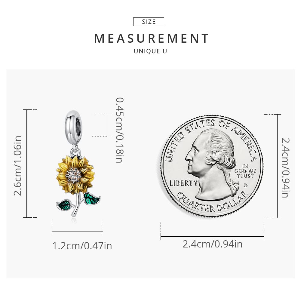 Qings Ciondolo Girasole Charms Argento Sterling 925 Sunflower Fiore Oro Ciondoli con Zirconi Cubici Compatibile con Braccialetti e Collane