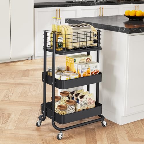 KINGRACK 3-Tier Metal Rolling Utility Cart - Organizer, Storage on Wheels - Book & Diaper Cart for Bathroom, Kitchen, Office, Bedroom - Black - Thumbnail 6