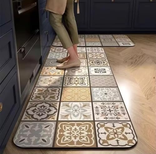 Image of HomeCloud Rubber Kitchen Mats for Floor Set of 2 Pcs | Non-Skid, Soft Absorbent Rugs for Kitchen, Laundry, and Hallway | 120x40cm, 40x60cm| 4mm Thickness (Beige Tan Multi)