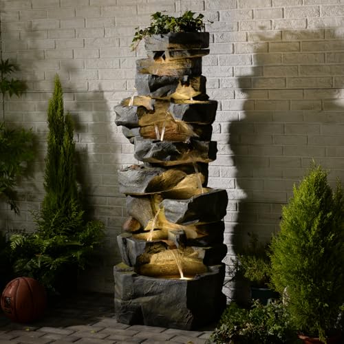 Image of 58Inch Outdoor Garden Water Fountain 6 Tiers Large Cascading Rock Natural Waterfall Outdoor Fountain with LED Lights for Patio Porch Backyard Home Art Decor