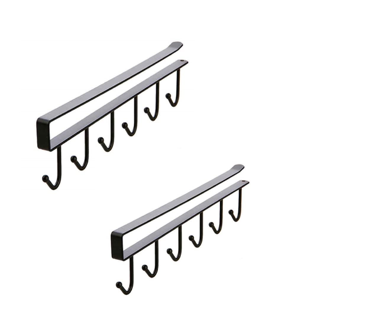 6 Hooks Under Shelf Cup Holder Stand for Kitchen Multi-Functional Utensil Rack for Hanging Under Cabinet Coffee Mug Holder (White, Pack of 2), Metal