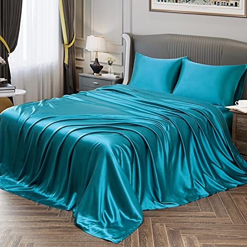 Vonty Satin Sheets Queen Size Silky Soft Satin Bed Sheets Teal Satin Sheet Set, 1 Deep Pocket Fitted Sheet + 1 Flat Sheet + 2 Pillowcases #TOP12