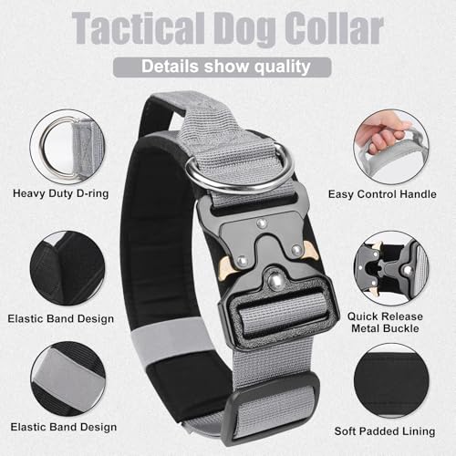 AKOFIC Taktisches Hundehalsband mit Griff, Breites Halsband Hund Gepolstert aus Nylon, Verstellbar Robuster Dog Collar mit Metallschnalle für Mittlere Große Hunde (Grau, L)