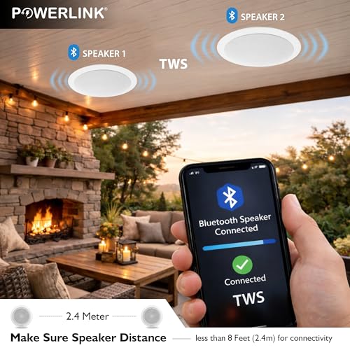 Image of Powerlink TWS2.0 Bluetooth Flush Mount in-Ceiling 2-Way Speaker System Quick Connections Polypropylene Cone & Polymer Tweeter Stereo Sound 60 Watt (30W Each) for Office, Gym, Home Theater (Pack of 2)